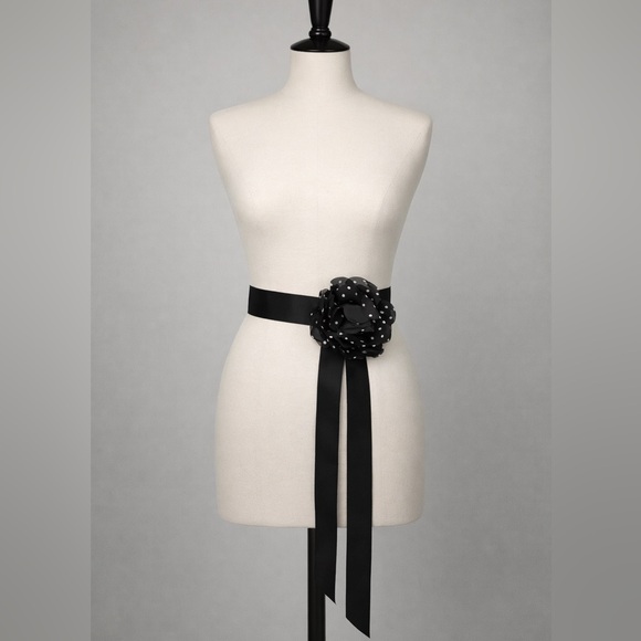 White House Black Market Accessories - NWT WHBM Black Polka Dot Flower Sash Belt